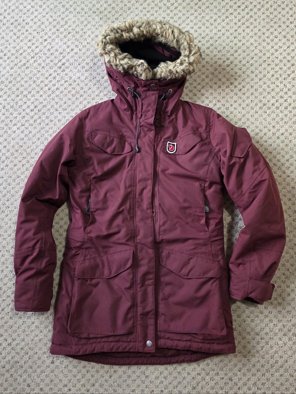 Women’s Maroon Parka with Faux-Fur Hood